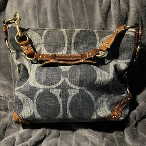 Coach Carly Denim Blue Brown Shoulder Bag with Leather 10795 hobo gold hardware